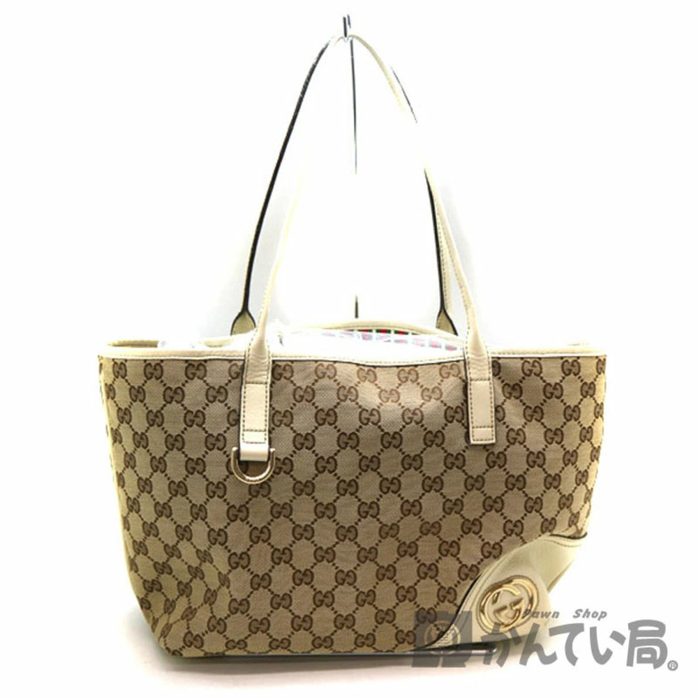 GUCCI Tote Bag Leather Canvas Brown White